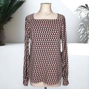 ADRIANNA PAPELL Square Neck Blouse Relaxed Top Pink Geometric Work Career Office